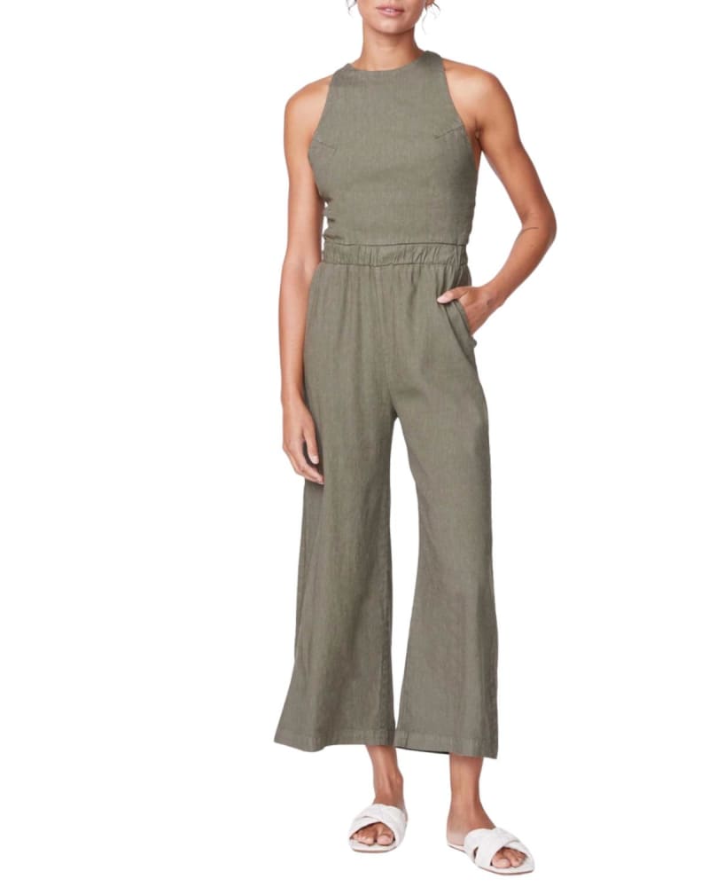 Front of a model wearing a size L Linen Racer Jumpsuit in Army in Army by MONROW. | dia_product_style_image_id:363134